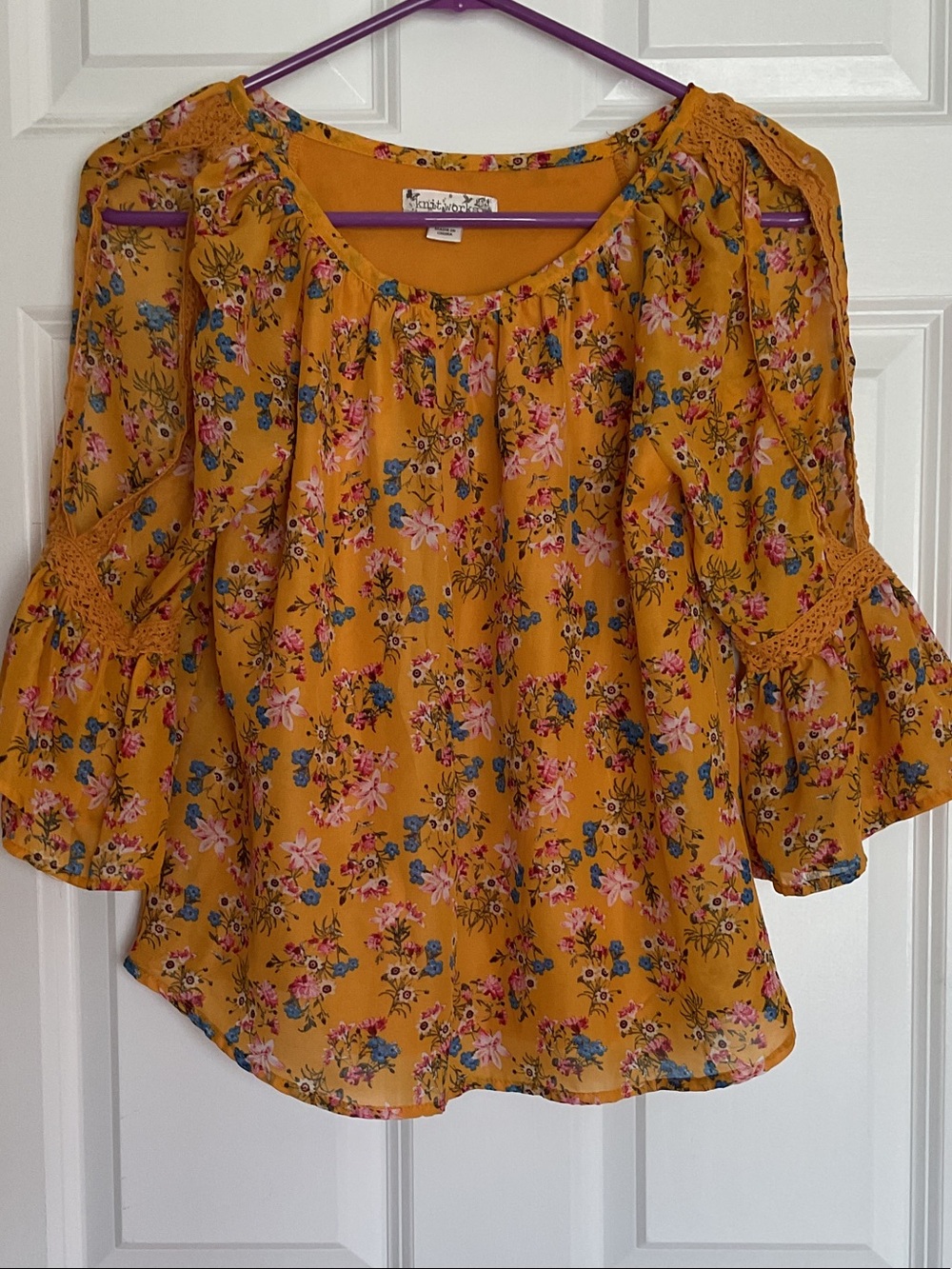 Knitworks Mustard Floral Cold-Shoulder Blouse